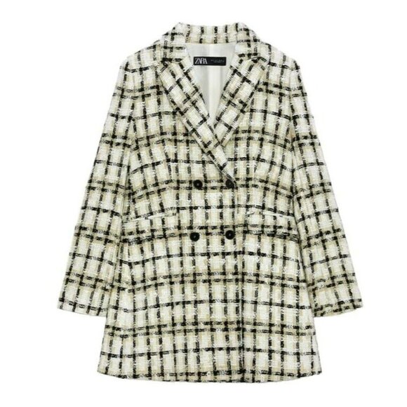 ZARA Double Breasted Long Blazer in Plaid Rigged Check Tweed Fabric - Picture 1 of 10